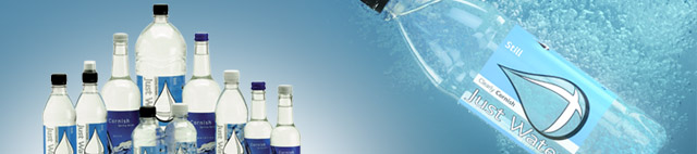 Range of bottles to the left and bottle falling through water on the right